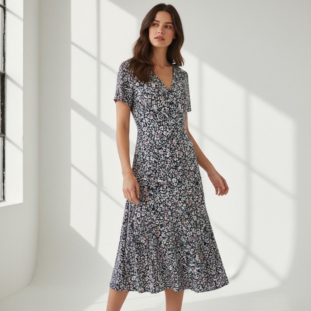 Madewell Navy Blue Floral V-Neck Short Sleeve Midi Dress NX614 Womens Size 10